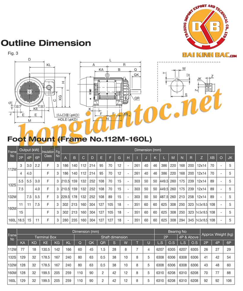 Catalogue motor điện Toshiba chân đế 3kw