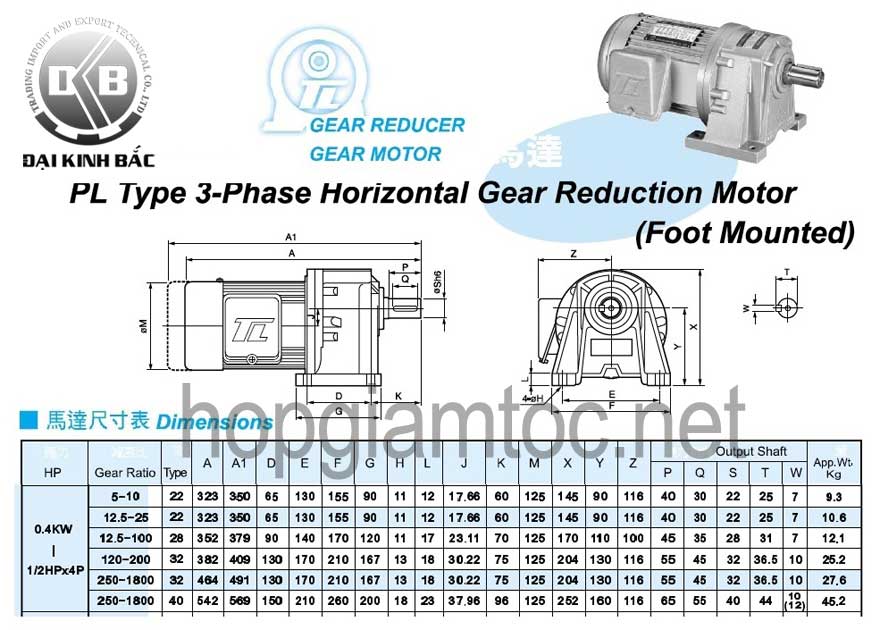 Motor giảm tốc tunglee chân đế 0.4kw