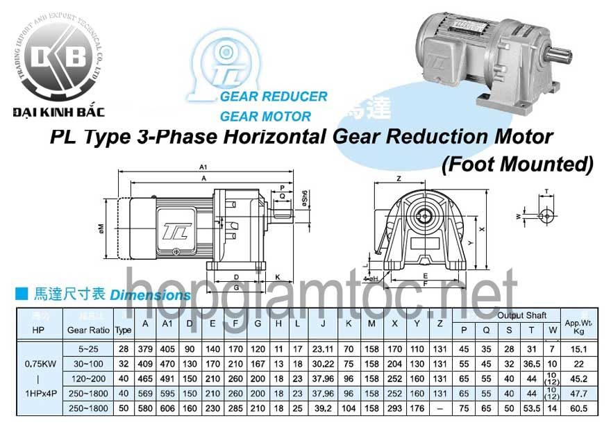 Motor giảm tốc Tunglee chân đế 0.75kw