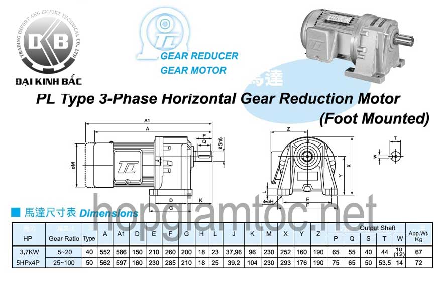 Motor giảm tốc tunglee chân đế 3.7kw